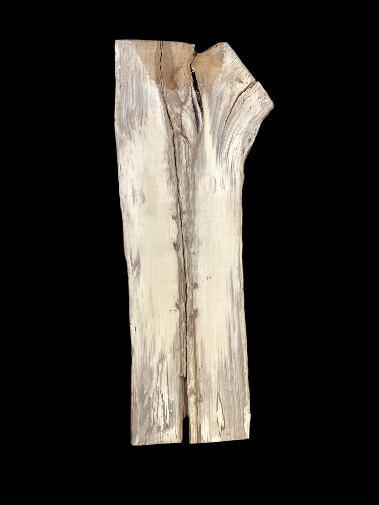 A table-sized slab of Hackberry wood with a prominent live edge, featuring a beige and brown color palette.