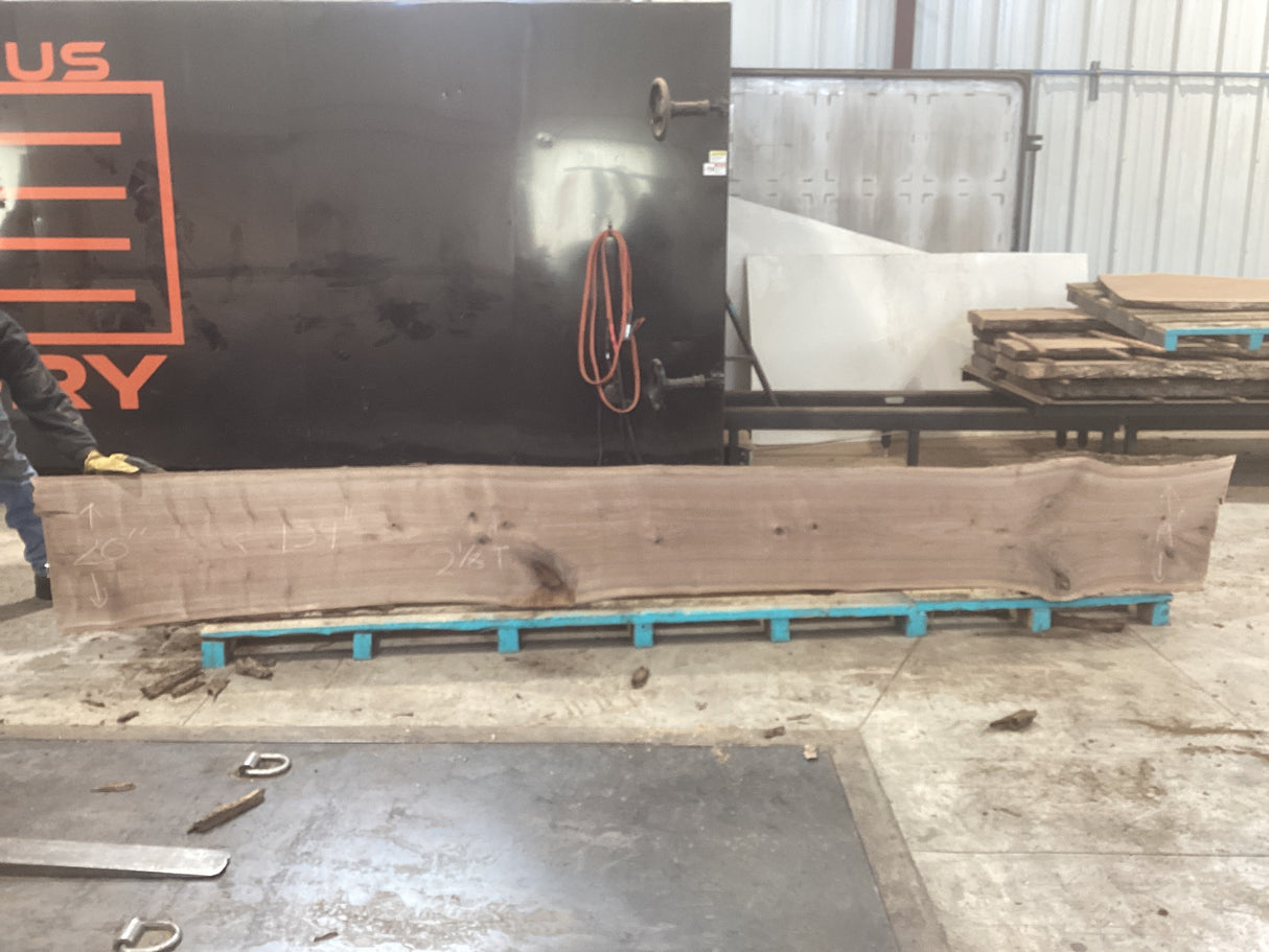 Large walnut wood slab propped on pallets being held up by a man.