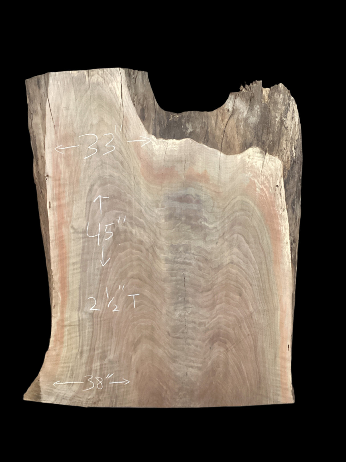 Walnut wood slab with on a black background.