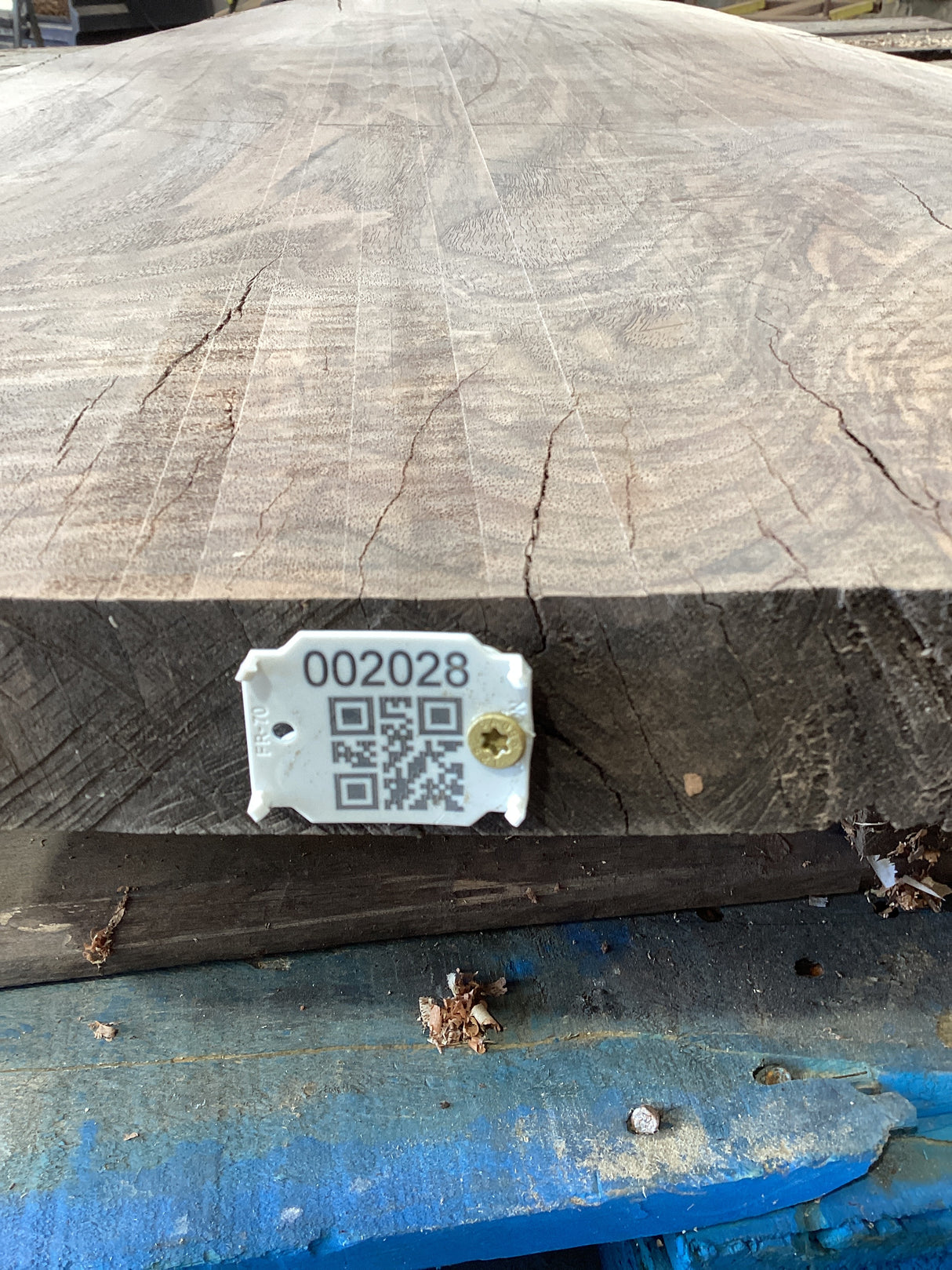 A large walnut wood slab edge with QR code attached.