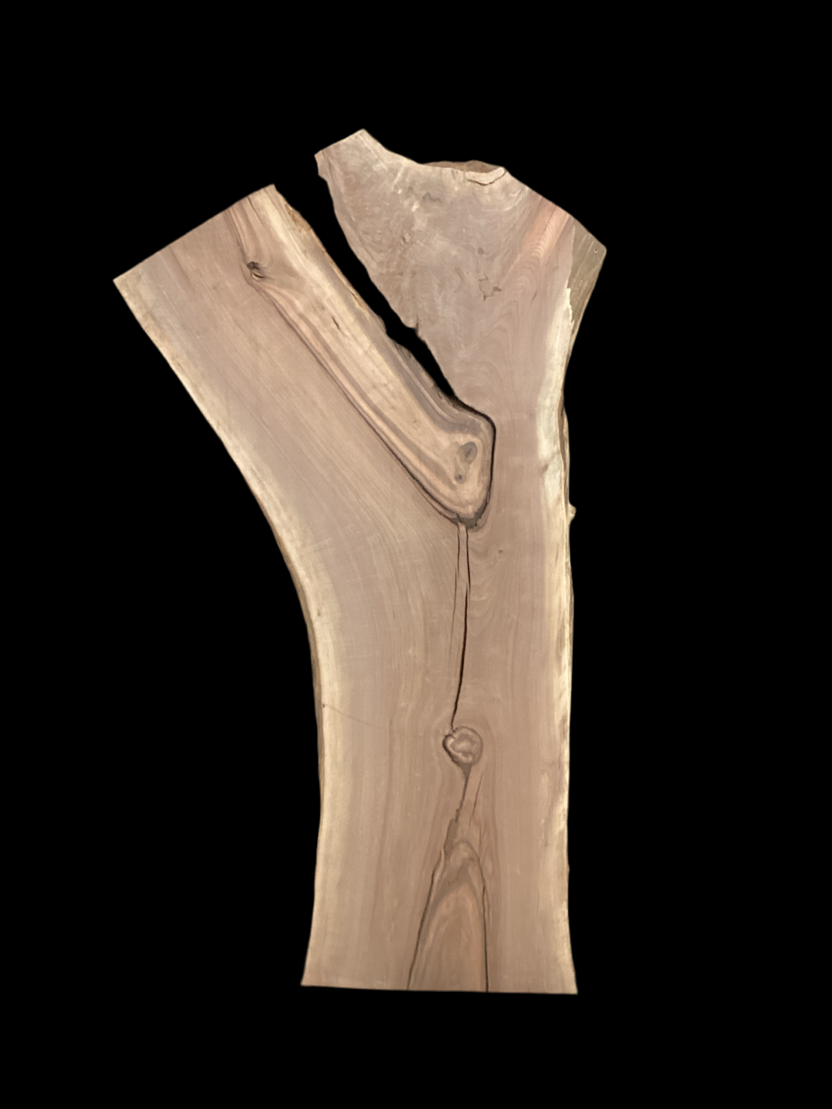 A long walnut slab with a black background.