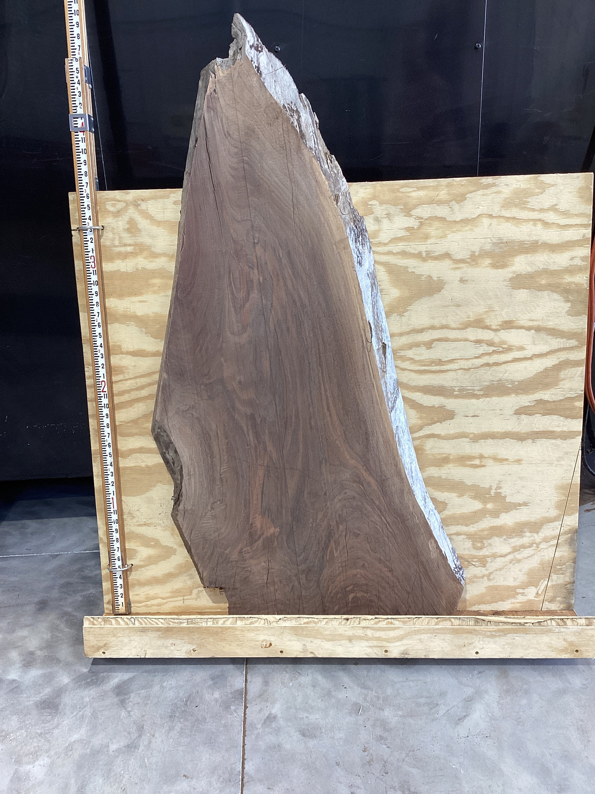 A large walnut wood slab placed on a wooden plywood board, with a visible natural grain and a finished edge.