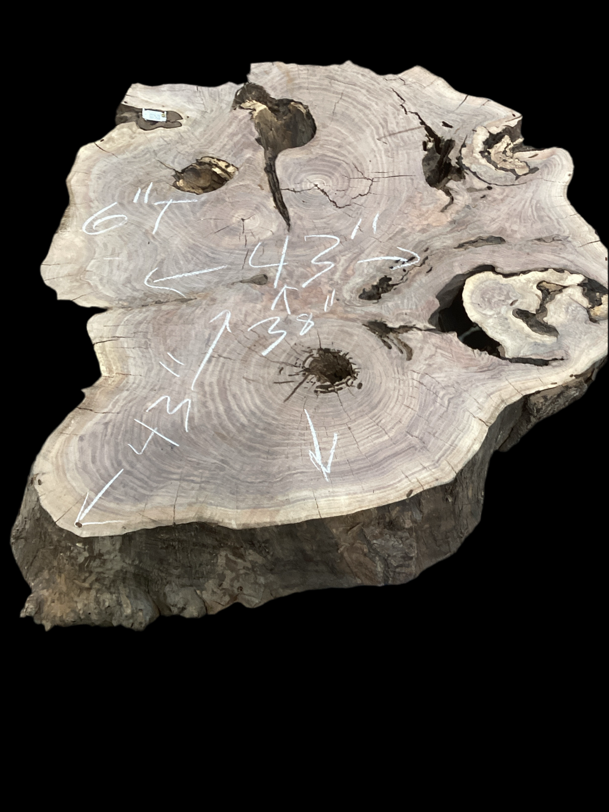 Irregular shaped walnut slab with many holes nestled into it.