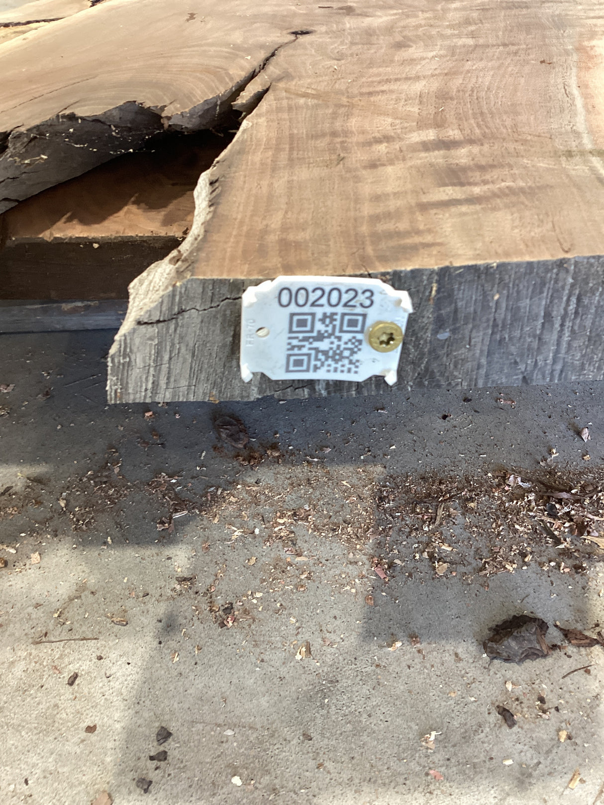 QR label attached to the edge of a walnut wood slab.