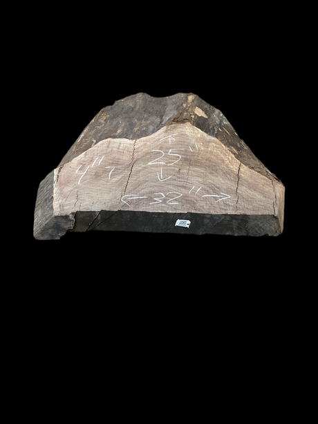 Irregular shaped walnut slab with a black background.