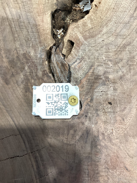 QR label attached to the walnut wood slab.