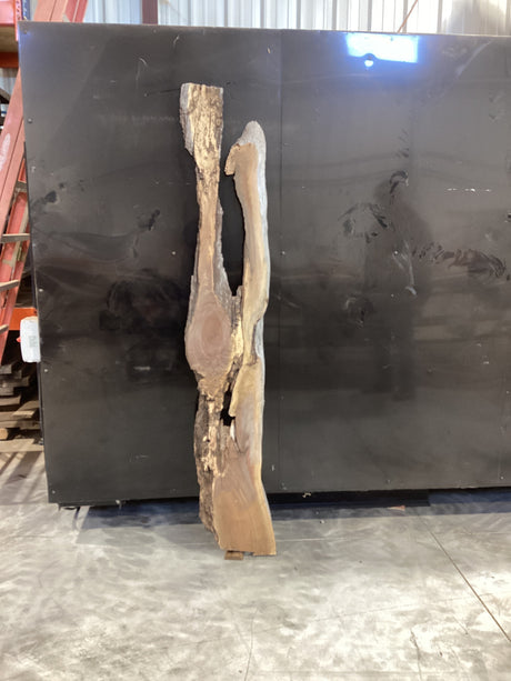 A walnut wood slab with a natural grain and unique river design leaning against a black metal bin.