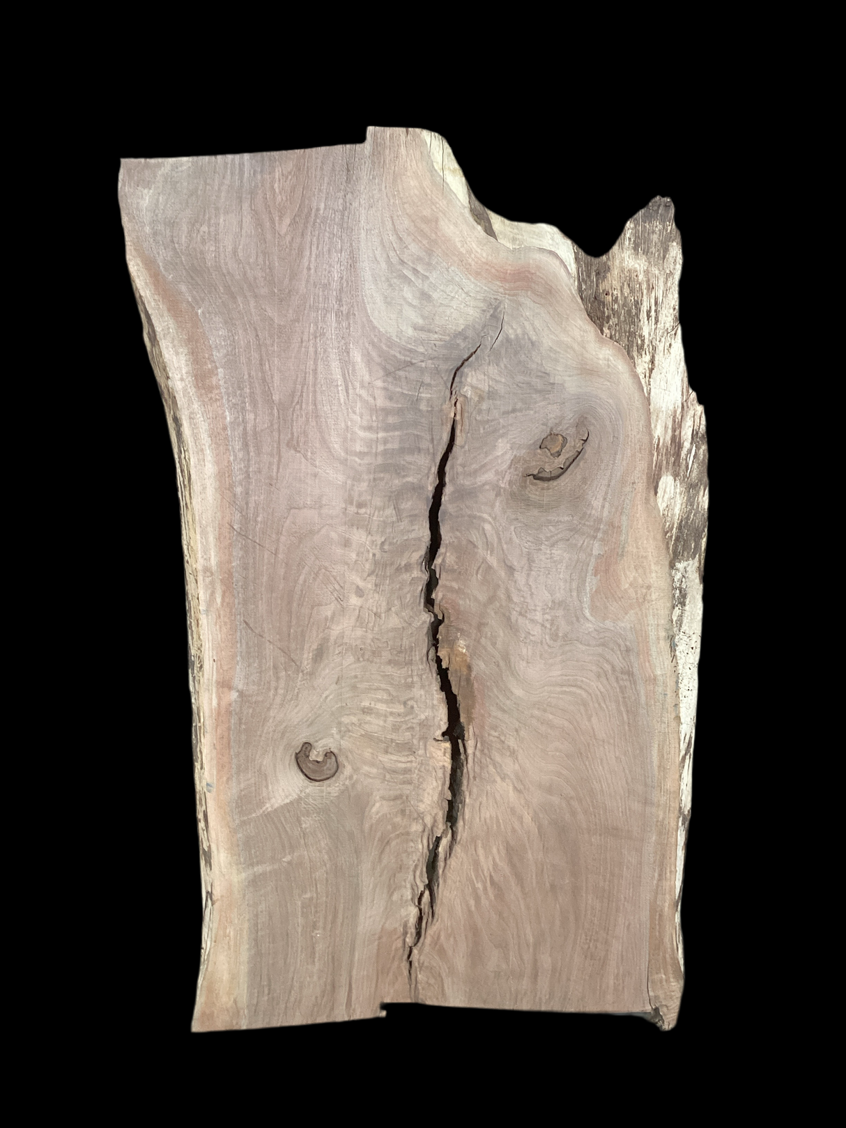 Irregular shaped walnut slab with a crack running through the middle and a black background.