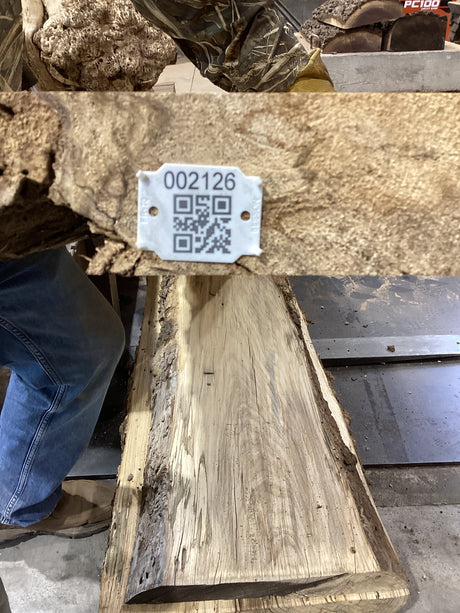 QR label on the edge of the Hackberry slab.