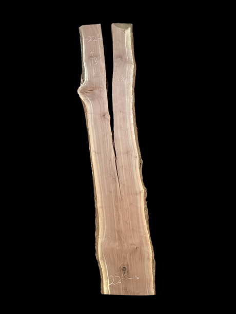A long walnut wood slab with a split down the middle on a black background.