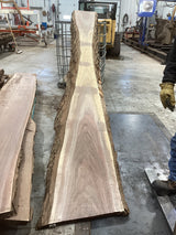 Large walnut wood slab with propped up against a metal cage, showing its length.