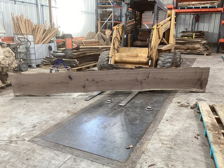 Large walnut wood slab propped on a forklift showing its length.