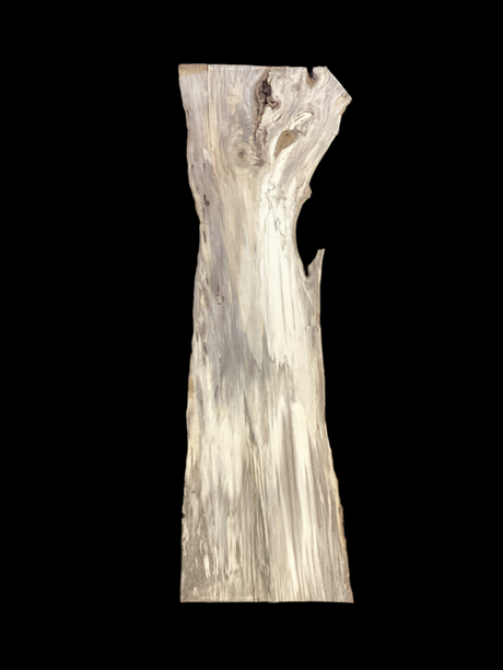 A table-sized slab of Hackberry wood with a prominent live edge, featuring a beige and brown color palette.