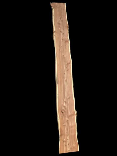 A single, vertical photograph of a piece of aromatic eastern red cedar wood, characterized by its reddish-brown color and distinctive grain pattern, with minimal taper and several knots.