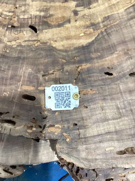 QR code attached to walnut slab