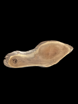 A walnut slab with a natural edge and a hole on one side, isolated on a black background.