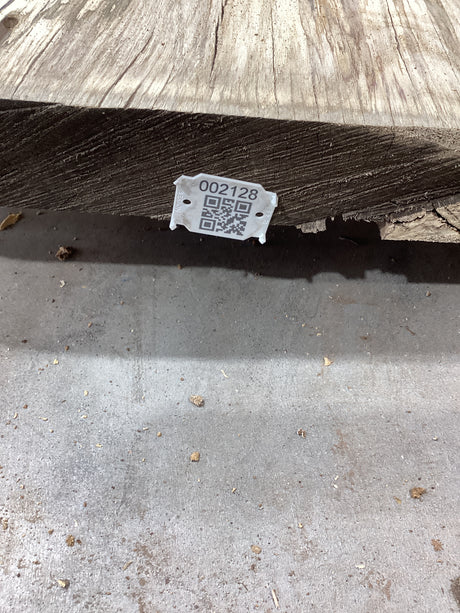 QR label attached to edge of Hackberry slab.