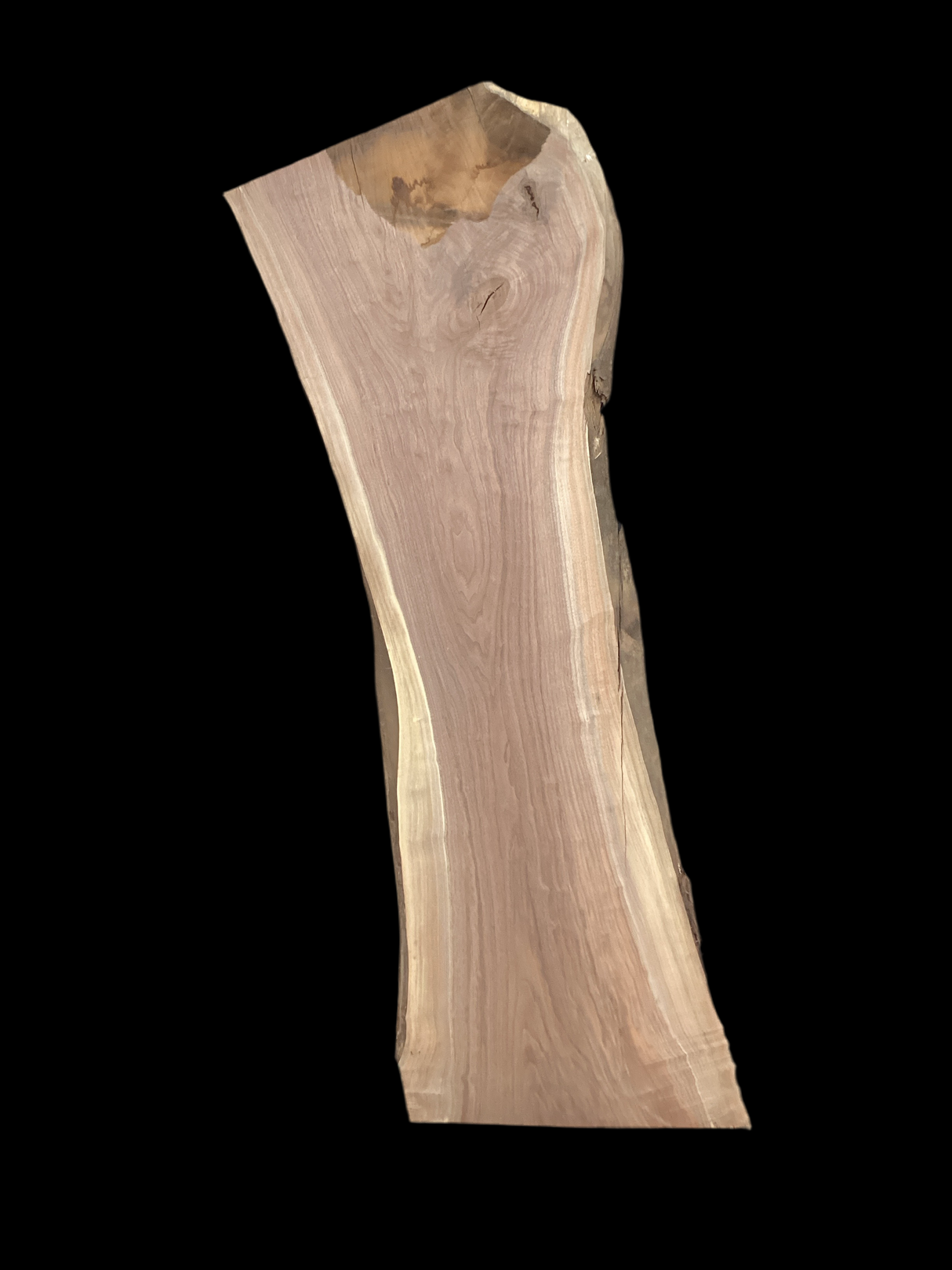 A short walnut slab with a black background. 