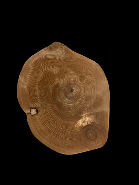 A close-up image of a Catalpa wood charcuterie board with visible natural wood grain and minimal turquoise in the cracks, finished with a food-safe product.