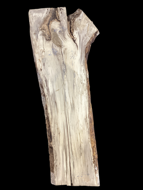 A handcrafted sculpture made from spalted hackberry wood, featuring unique natural splits and bark inclusions.
