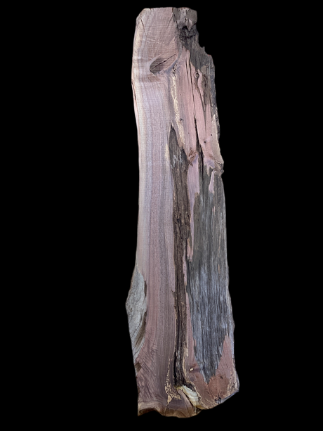 A walnut slab with rough edges on a black background.