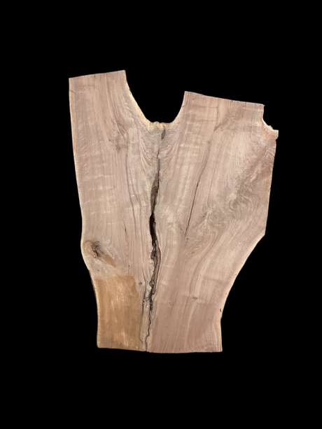 An irregularly shaped walnut slab with a distinctive striped figure pattern on a black background.