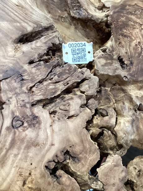 QR label attached to Elm wood burl slab.