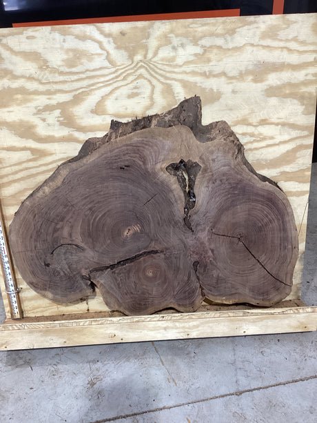 A unique, round walnut coffee table with three distinct heart-shaped centers, each displaying a different grain pattern. Positioned against a plywood background.