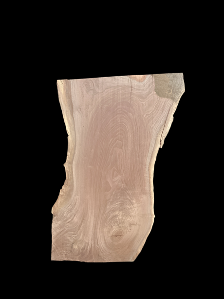 A irregular shaped walnut slab with a black background. 