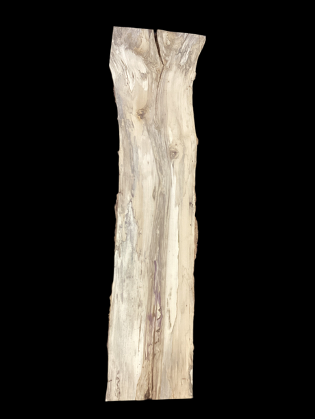 A vertical image of a spalted hackberry wood piece with a distinctive natural pattern. and black background.