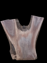 A walnut wood slab with a visible natural edge and shaped like a Y, against a black background.
