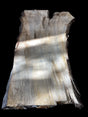 A silver maple wood slab with some natural edges and a beige color tone, positioned on a concrete surface with a shadow falling over it.