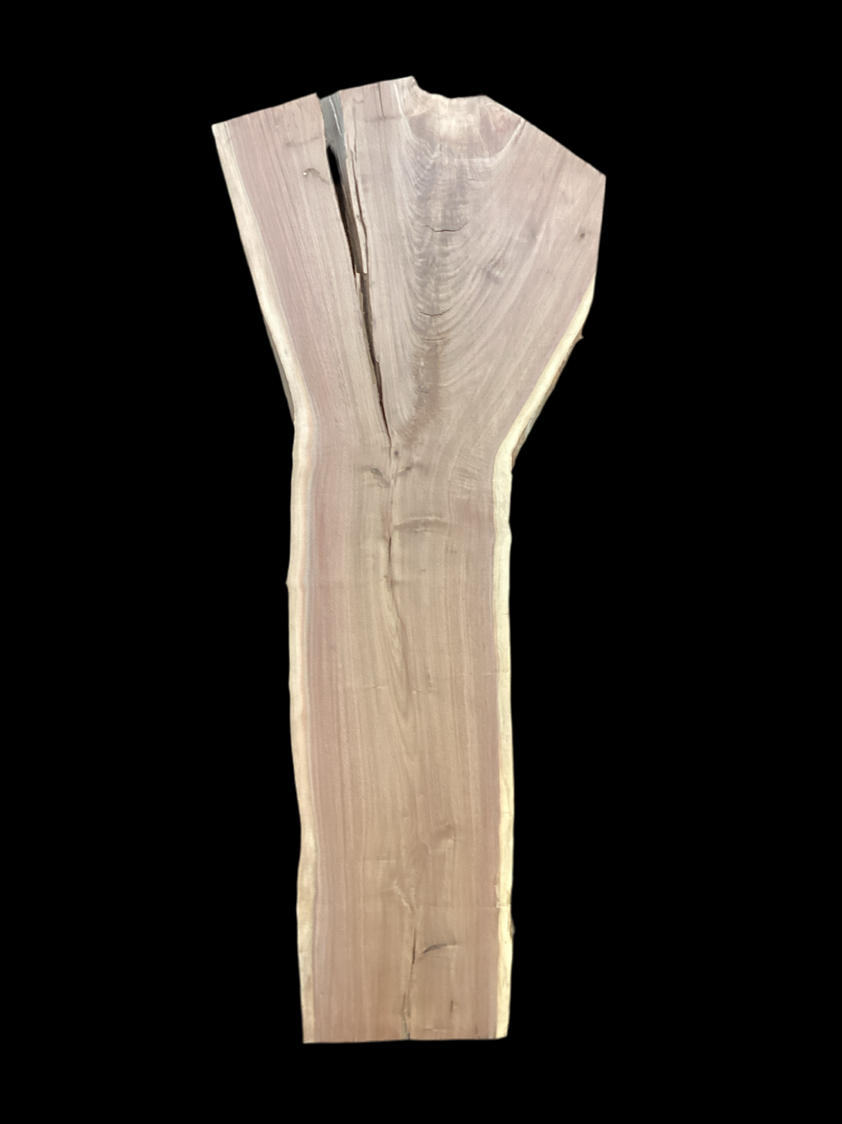 A large walnut slab with a black background.