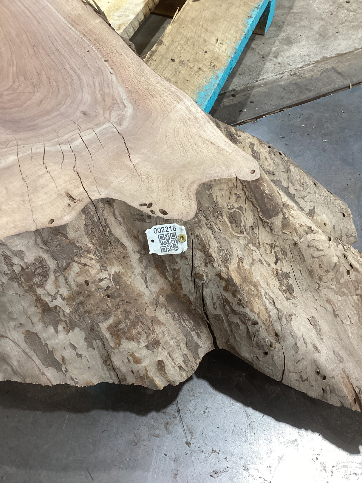 A rough, solid walnut wood slab with a QR label attached to it, displaying natural wood grain and some areas of a lighter color.